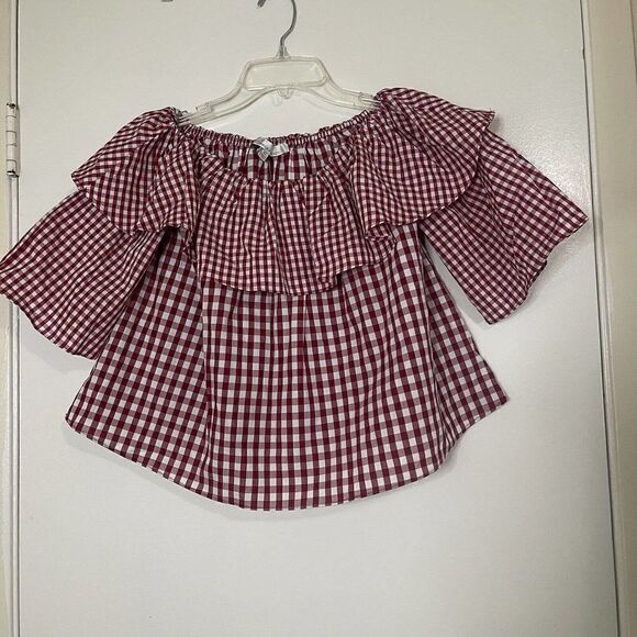 LOVERS + FRIENDS red plaid off shoulder ruffle blouse top size XS - Picture 1 of 4